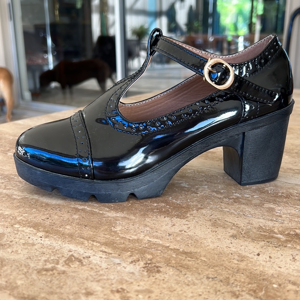 Chunky Mid High Block Heel T-Bar Platform Mary Jane - Picture 3 of 8